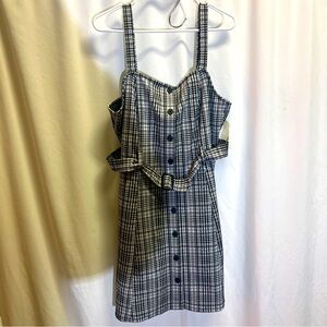 Button Front Belted Pinafore Plaid Dress NWT